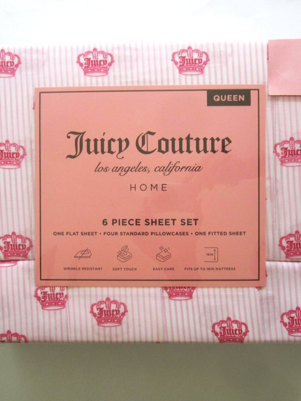 Juicy Couture Pink Stripe Crown 6 Piece Queen Sheet Set